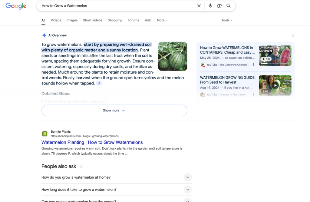 An example of a Google AI Overview for the search result "How to grow a watermelon."